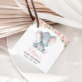 Elefaner, Rosa Watercolor Flowers, Baby Shower Gåvor Etiketter