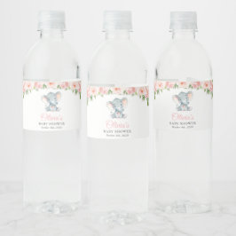 Elefaner, Rosa Watercolor Flowers, Baby Shower Vattenflaskor Etikett