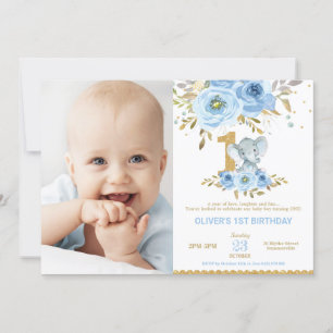 Elefant 1:a födelsedag Blue Blommigt Boy Photo Inbjudningar