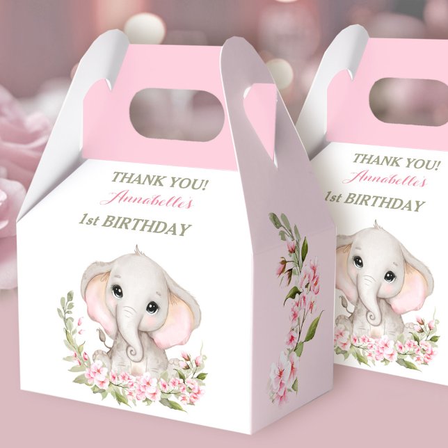 Elefant 1:a födelsedag Vår Rosa Sakura Presentaskar (Elephant 1st Birthday Girl Spring Pink Sakura Favor Boxes)