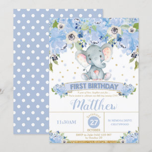 Elefant 1:a födelsedagsinbjudan Boy Blue Blommigt Inbjudningar
