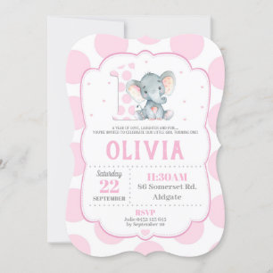 Elefant 1:a födelsedagsinbjudan Rosa Polka dots Inbjudningar