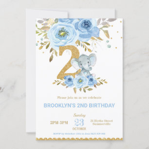 Elefant 2:a födelsedag Blå Blommigt Blommor 2 Inbjudningar