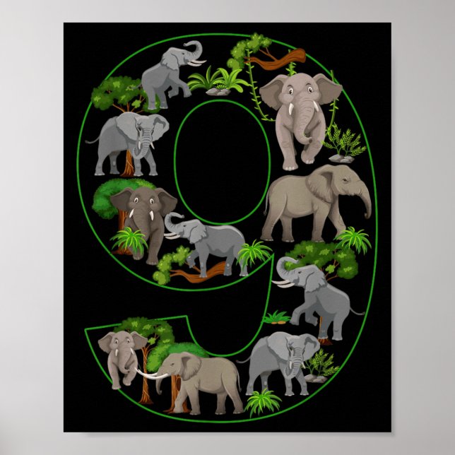 Elefant 9-års födelsedagstema 9-åriga barn poster (Framsidan)