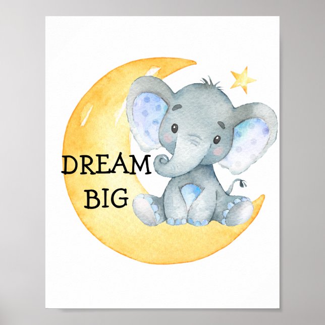 Elefant Akvarell Dröm Stort Baby Boy Barnkammare Poster (Framsidan)