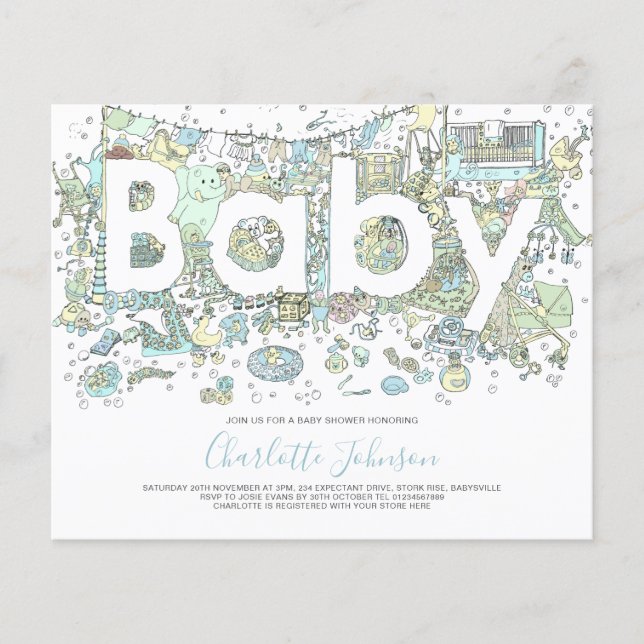 Elefant Akvarell Pojkar Budget Baby Shower Blå Flygblad (Framsidan)
