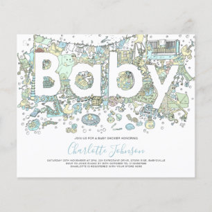 Elefant Akvarell Pojkar Budget Baby Shower Blå Flygblad