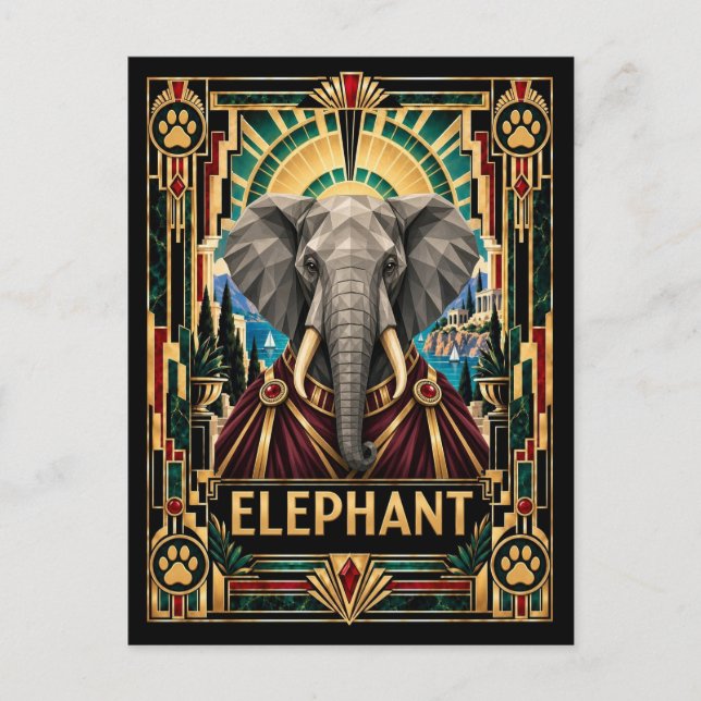 Elefant, Art Deco Wildlife Vykort (Framsida)