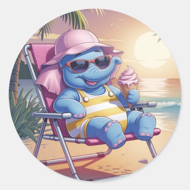 Elefant äter sommarglass runt klistermärke (Framsida)