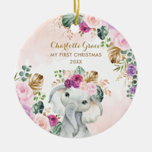 Elefant Baby 1:a julen, Blommigt Julgransprydnad Keramik