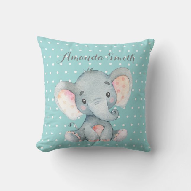 Elefant Baby Aqua Teal Turquise och Grått Kudde (Framsida)