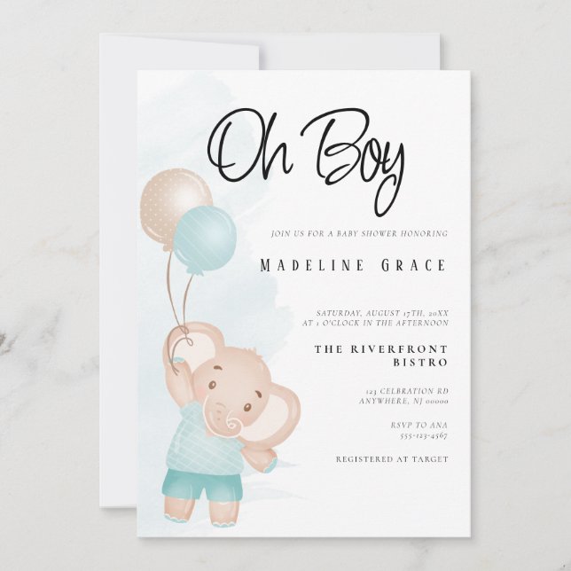Elefant Baby Pojke Baby Shower Inbjudan (Framsida)