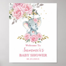 Elefant Baby Rosa Blommig Baby Shower Välkomstskyl Poster