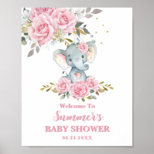 Elefant Baby Rosa Blommig Baby Shower Välkomstskyl Poster