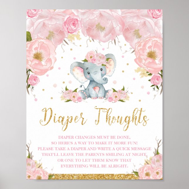 Elefant Baby Shower Aktivitet Blöja Tankar Poster (Framsidan)