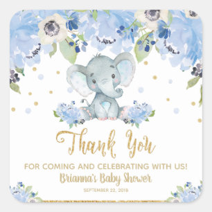 Elefant Baby Shower Blå Blommig Tacksamt Förärande Fyrkantigt Klistermärke