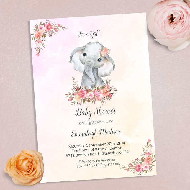 Elefant Baby Shower Boho Chic Korallvattenfärg Inbjudningar (Skapare uppladdad)