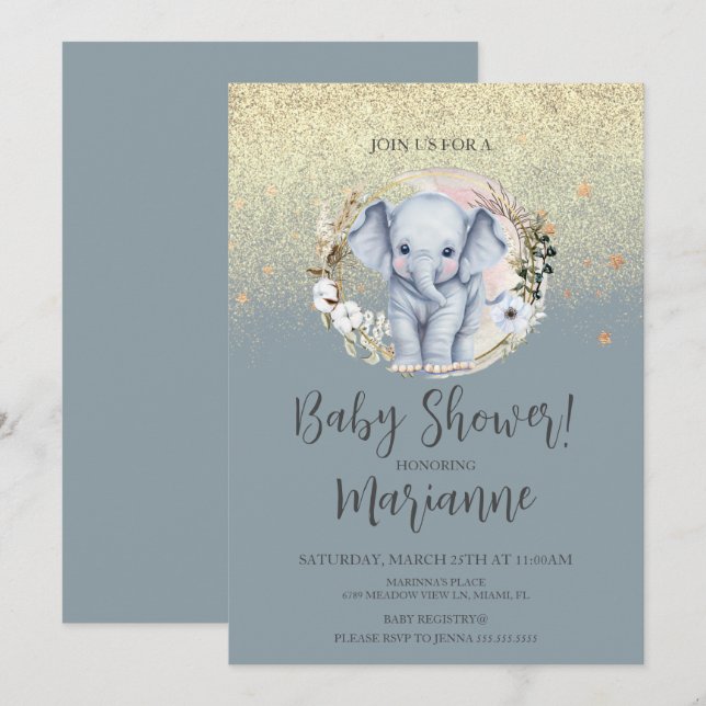 Elefant Baby Shower Falsk Guld Glitter Damblå Inbjudningar (Fram/baksida)