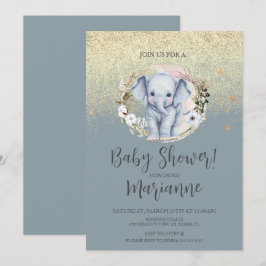 Elefant Baby Shower Falsk Guld Glitter Damblå Inbjudningar