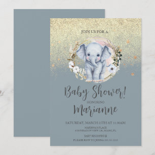 Elefant Baby Shower Falsk Guld Glitter Damblå Inbjudningar