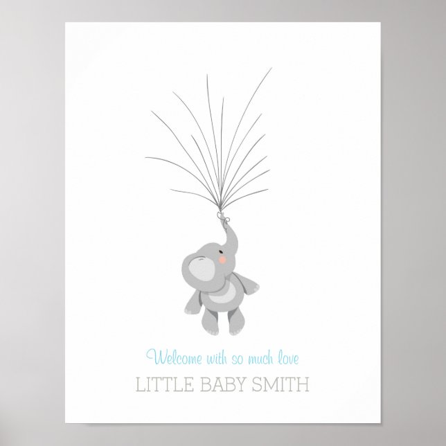 Elefant Baby shower gästbok Blå babypojke Poster (Framsidan)