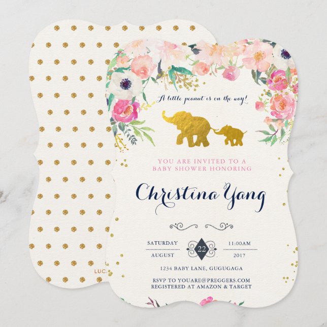 Elefant Baby Shower Inbjudan (Fram/baksida)