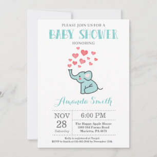 Elefant Baby Shower Inbjudan Aqua och Grå