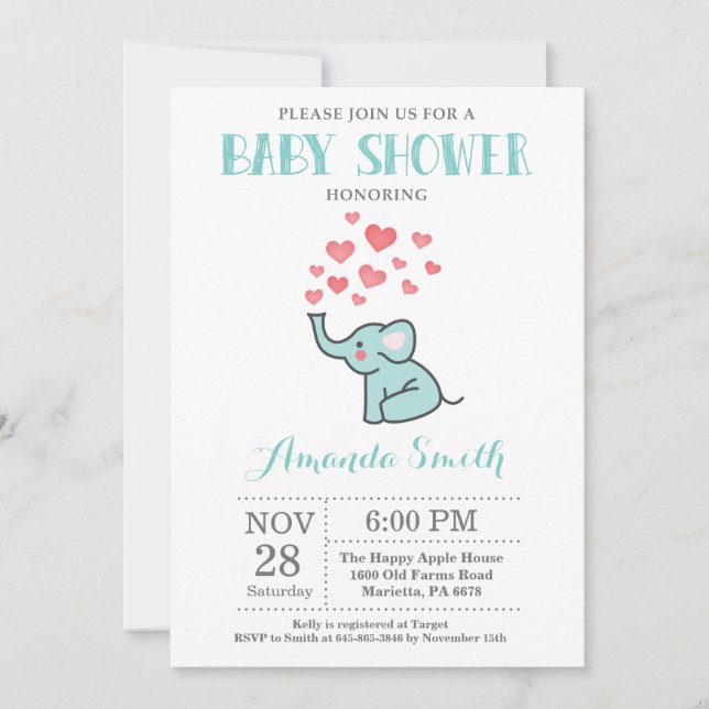 Elefant Baby Shower Inbjudan Aqua och Grå (Framsida)