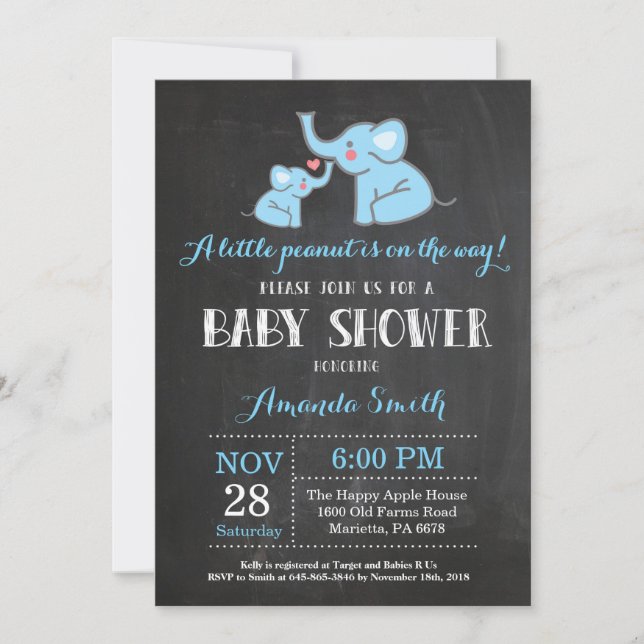 Elefant Baby Shower Inbjudan Blå och Grå (Framsida)
