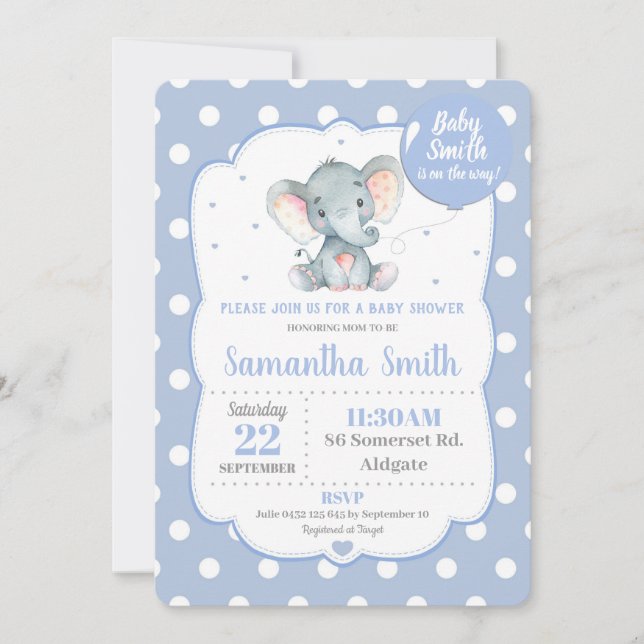 Elefant Baby Shower Inbjudan Blå Prickig Pojke (Framsida)