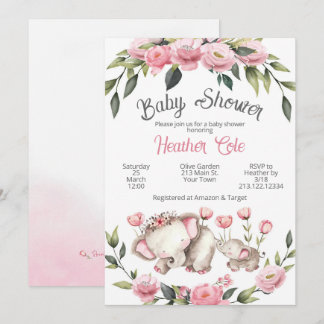 Elefant Baby Shower Inbjudan Blommig Flicka Mama