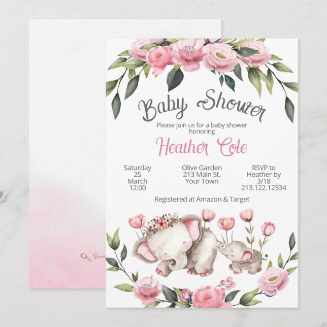 Elefant Baby Shower Inbjudan Blommig Flicka Mama (Fram/baksida)