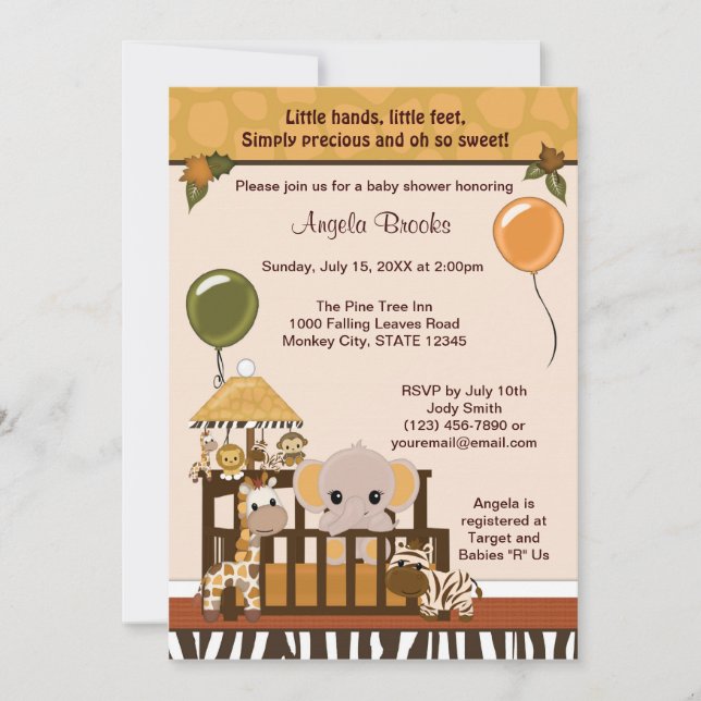 ELEFANT Baby Shower-inbjudan: Fall Jungle Safari Inbjudningar (Framsida)