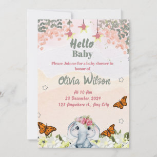 Elefant Baby Shower Inbjudan för Baby Flicka