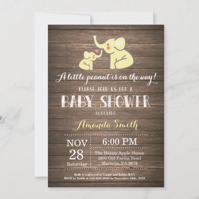 Elefant Baby Shower Inbjudan Gul Rustik (Framsida)