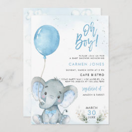 Elefant Baby Shower Inbjudan med Blå Ballong