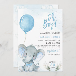 Elefant Baby Shower Inbjudan med Blå Ballong