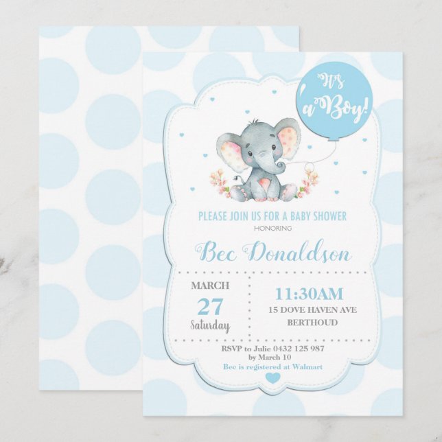 Elefant Baby Shower Inbjudan Pojke Blå Prickar (Fram/baksida)