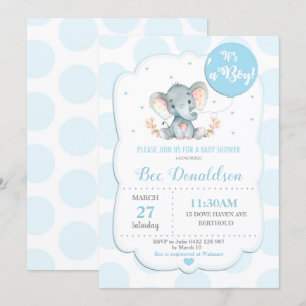 Elefant Baby Shower Inbjudan Pojke Blå Prickar
