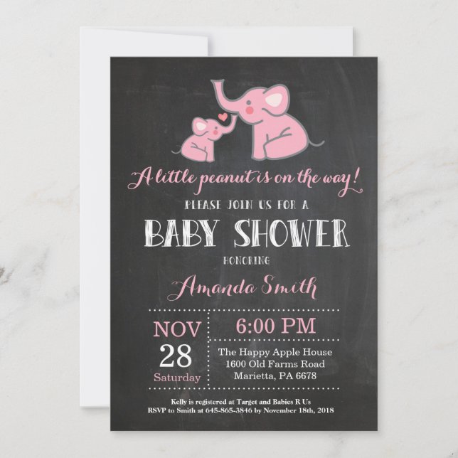 Elefant Baby Shower Inbjudan Rosa och Grå (Framsida)