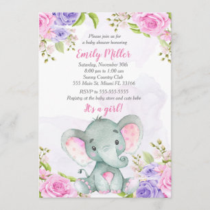 Elefant Baby Shower-inbjudan vattenfärg Inbjudningar