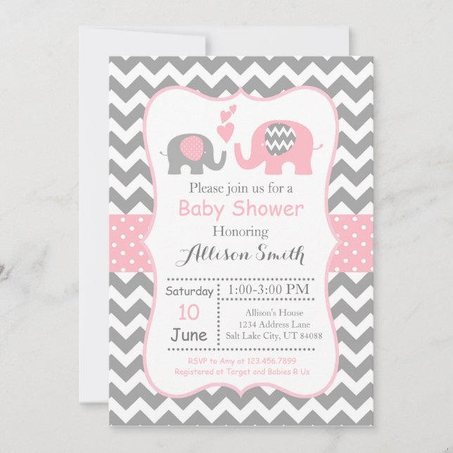 Elefant Baby shower Invitation, Chevron Inbjudningar (Framsida)