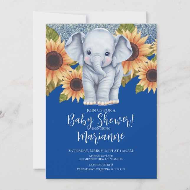 Elefant Baby Shower Solros Glitter Blå Inbjudningar (Framsida)