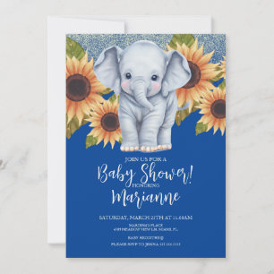 Elefant Baby Shower Solros Glitter Blå Inbjudningar