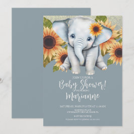 Elefant Baby Shower Solros Glitter Damblå Inbjudningar