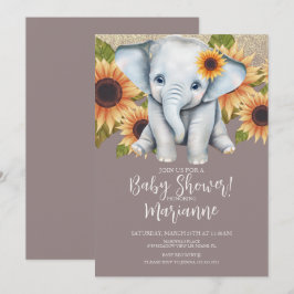 Elefant Baby Shower Solros Glitter Dammt Rosa Inbjudningar