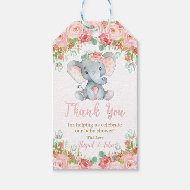 Elefant Baby Shower Tack För Babyflicka Presentetikett (Framsidan)
