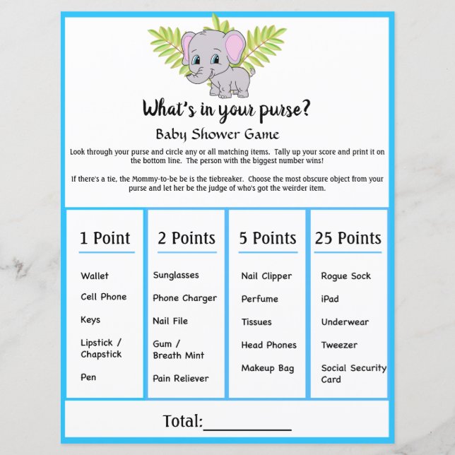 Elefant Baby Shower Whin Your Purse Game (Framsida)
