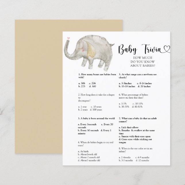 Elefant Baby Trivia | Baby Shower Lek (Fram/baksida)