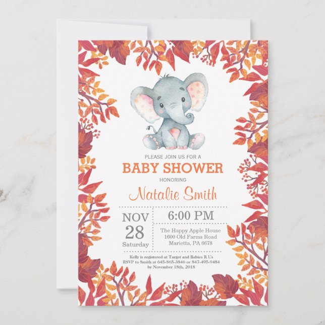 Elefant Babyfirande Blommig Höst Invitation Inbjudningar (Framsida)
